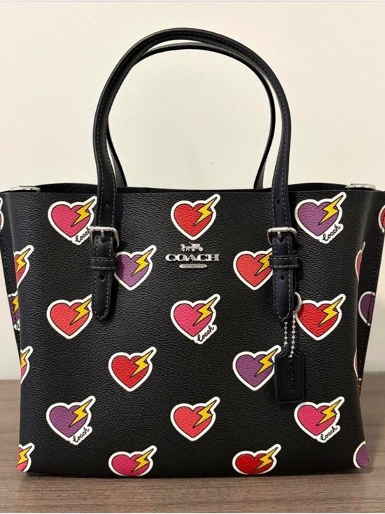 Coach Handbags - Coach Black Leather Tote with Red, Pink and Purple Heart Lightning Motifs